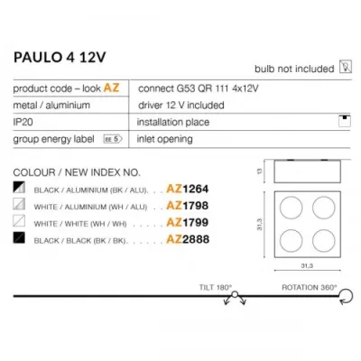 Точечный светильник Azzardo PAULO 4 12V blackblack AZ2888 Точечный светильник Azzardo PAULO 4 12V blackblack AZ2888